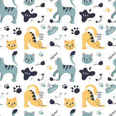 Seamless pattern with cute cats in different poses. Characteristic characters. Printing on textiles for children's clothing. Vector graphics.