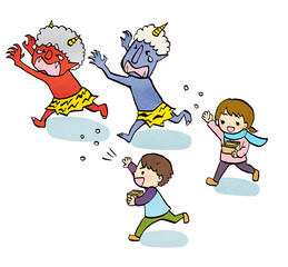 豆まき子どもと逃げる鬼のイラスト