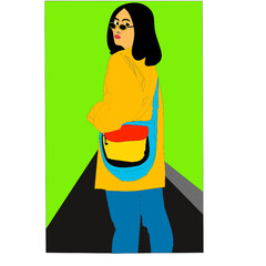 graphic design vector illustration of a young college student standing in the middle of the street glancing back