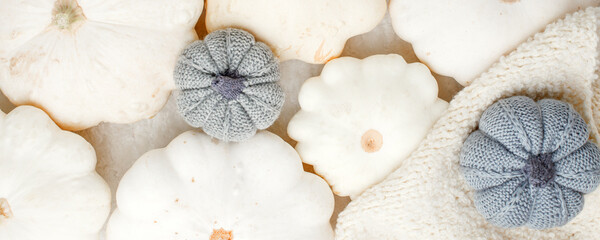 Autumn composition. Feminine desk table with knitted scarf and white squash pumpkin on white background. Flat lay, top view. Nordic, hygge, cozy home concept, monochrome, abstract