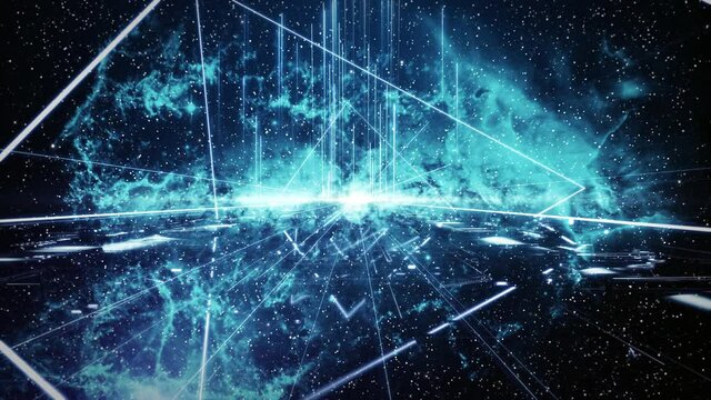 Galaxy Through Neon Light Loop. Travel passing neon light with star glow go to deep galaxy seamless loop.