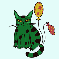 Cute cartoon cat vector icon. Green kitten with balloons. Grumpy cat celebrates birthday. Sad animal at the party. The pet is unhappy with the holiday. Pop art, flat style. 