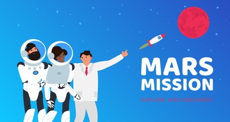 scientist showing to astronauts man and woman with laptop mars mission concept space tourism vector illustration