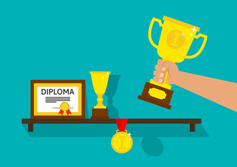 man hand put trophy cup on the shelf with medal diploma awards and rewards  vector illustration