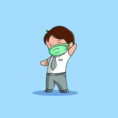 Boy gets ready to back to school wearing a mask vector icon illustration