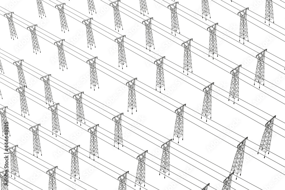 Poster background with silhouettes of power lines standing in a row isolated on white background. isometric