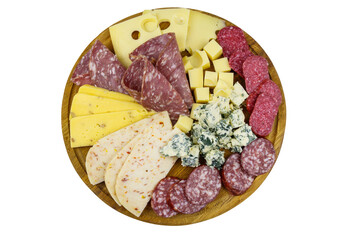 Antipasti platter with assortment of italian salami and cheese isolated on white background. Top view