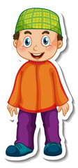 A sticker template with Muslim boy in standing pose cartoon character