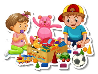 Fototapeta na wymiar Children with their toys isolated on white background