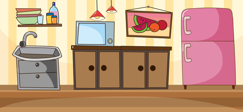Empty kitchen room scene with kitchen elements