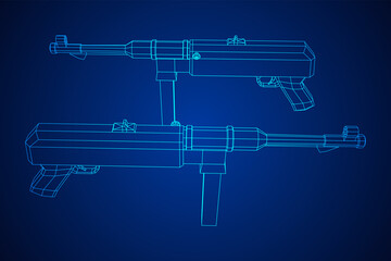 Submachine gun german MP 40 world war 2 firearms pistol. Wireframe low poly mesh vector illustration.