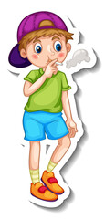 Sticker template with a boy smoking cartoon character isolated