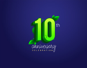 10th anniversary logotype with leaf and green colored, isolated on blue background.