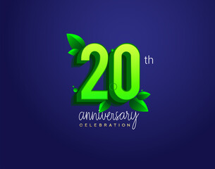 20th anniversary logotype with leaf and green colored, isolated on blue background.