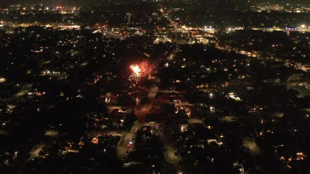 An aerial view of the 2021 4th of July fireworks on Long Island, NY. The drone camera, while tilted down, dolly in over a suburban neighborhood as fireworks go off in the darkness below.