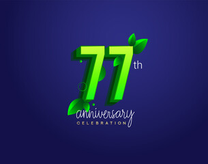 77th anniversary logotype with leaf and green colored, isolated on blue background.
