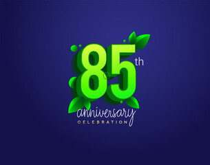 85th anniversary logotype with leaf and green colored, isolated on blue background.