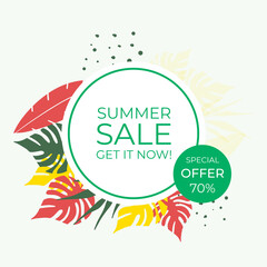 Fashion sale banner or square flyer for social media post template with summer concept, floral decoration, leaves, flower, foliage line art. Can be use for banner, flier, poster, greeting card