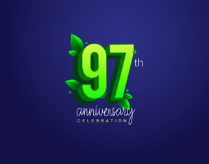 97th anniversary logotype with leaf and green colored, isolated on blue background.