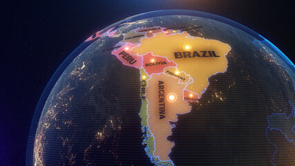 a world map of South America, 3d rendering,