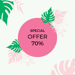 Summer shopping event illustration. Instagram template tropical. Beautiful soft floral and leaves wedding invitation card, name card, greeting card, summer sale banner and much more