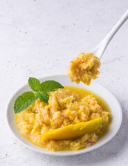 mango chutney, combination of sweet and spicy flavor vegetarian condiment or sauce with onions,...