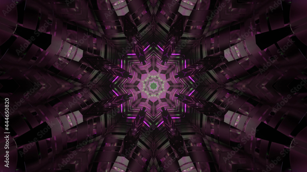 Wall mural 3d rendering of a mirrored abstract purple pattern, reminiscent of the inside of a kaleidoscope