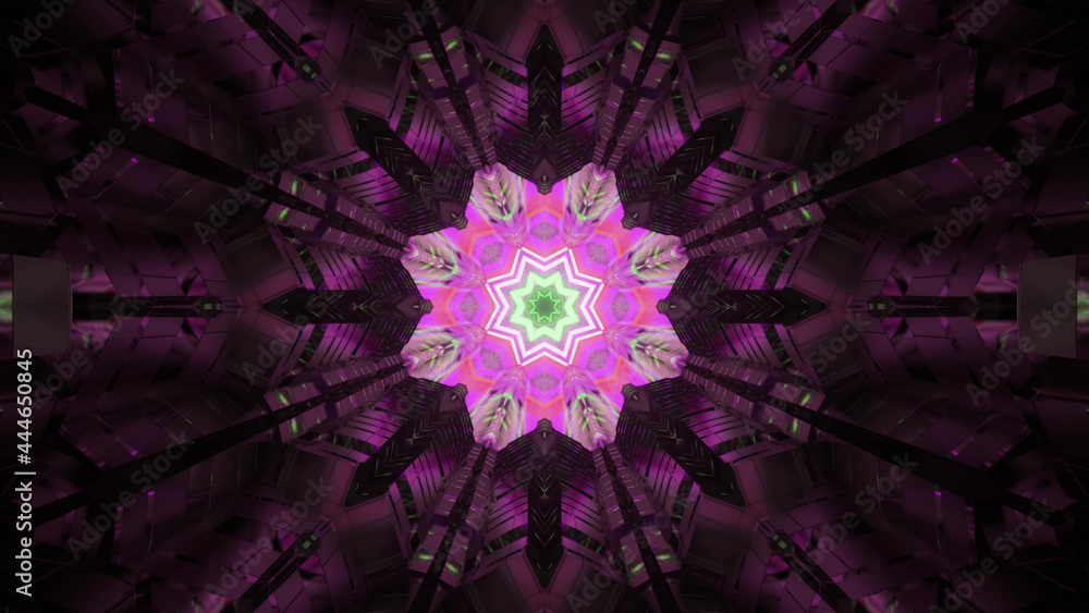 Wall mural 3d rendering of a neon pink kaleidoscope pattern with glowing edges