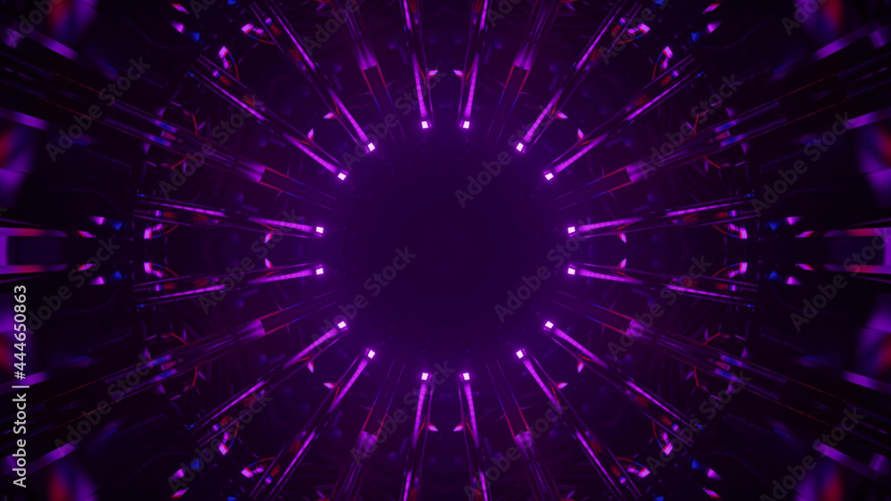 Wall mural 3d rendering of a purple abstract circular pattern with bright neon lights glowing from its side