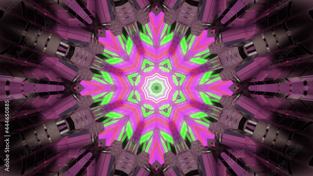 Wall mural 3d rendering of a colorful abstract pattern with glowing neon lights in the center