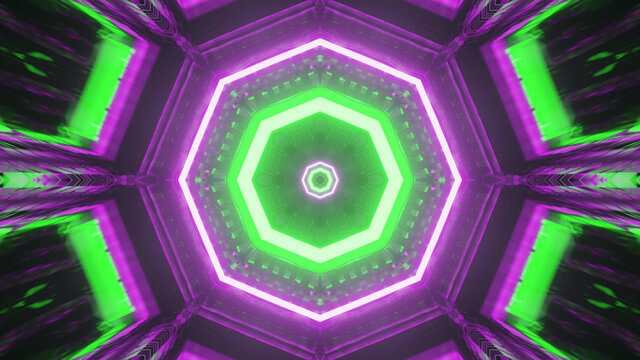 3D rendering of an intergalactic sci-fi portal with neon purple and green lights glowing out of it