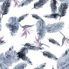 Gray Pattern Leaf. Azure Tropical Design. Navy Floral Design. Blue Flora Foliage. Indigo Decoration Plant. Cobalt Wallpaper Hibiscus. White Spring Exotic.