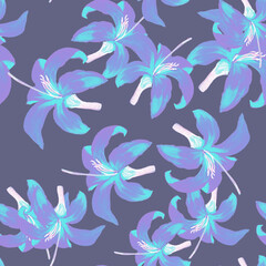 Fototapeta na wymiar Azure Seamless Plant. Cobalt Pattern Textile. Navy Tropical Plant. Indigo Flower Illustration. Blue Floral Foliage. Flora Texture. Spring Painting. Garden Leaf