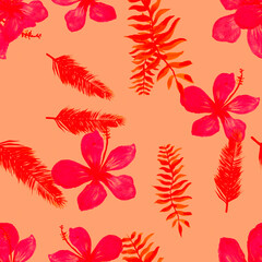 Fototapeta na wymiar Pink Seamless Vintage. Ruby Pattern Plant. Coral Tropical Design. Red Flower Design. Scarlet Drawing Texture. Spring Textile. Flora Texture. Floral Art.