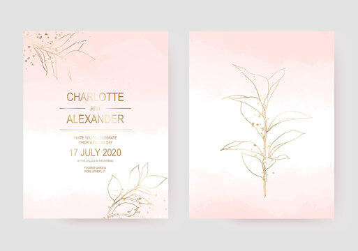 Delicate Wedding Invitation Cards With Gold Leaf On Pale Pink Watercolor Texture.