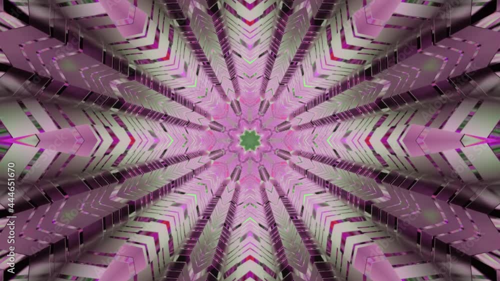 Wall mural a 3d rendering of a neon colorful tunnel with reflective edges moving forward in a loop