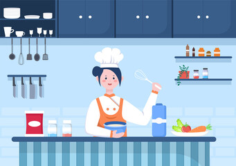 Chef Is Cooking In The Kitchen With Tray, ingredients or Different Meals. Interior Furniture And Utensils Background Landing Page Illustration