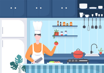Chef Is Cooking In The Kitchen With Tray, ingredients or Different Meals. Interior Furniture And Utensils Background Landing Page Illustration