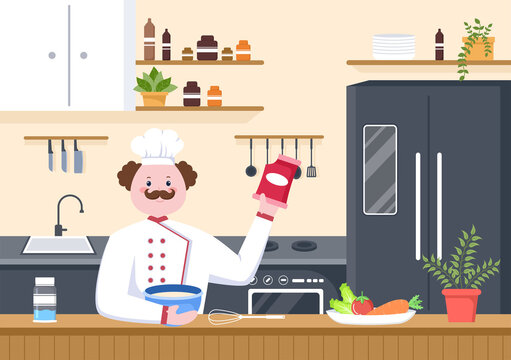 Chef Is Cooking In The Kitchen With Tray, ingredients or Different Meals. Interior Furniture And Utensils Background Landing Page Illustration