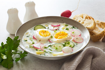 Refresing cold summer radish cucumber potato eggs and yogurt soup close up