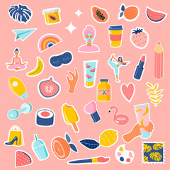 a set of vector stickers on the theme of summer, lifestyle, beauty and cosmetics - fruits, food, cosmetics, yoga and creativity. cute illustrations in flat style