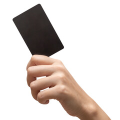 Woman hand hold black credit card isolated on white background.