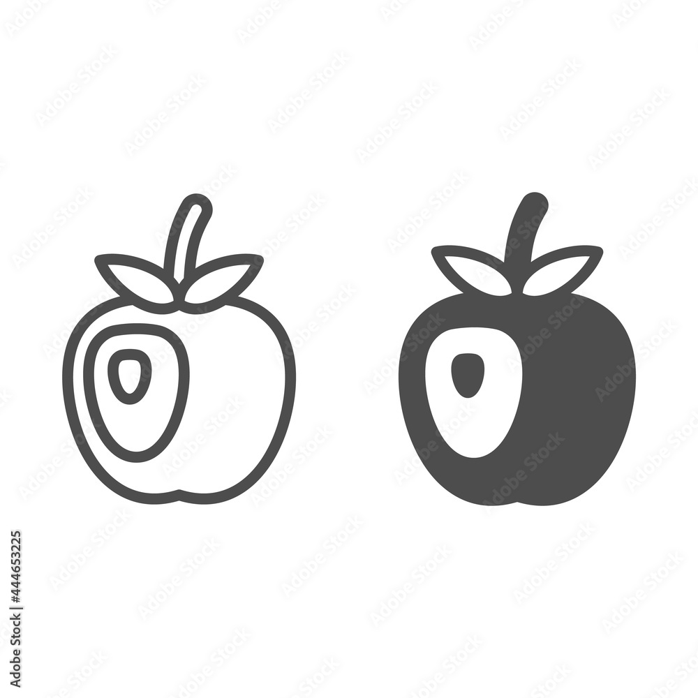 Aufkleber aplle with bone line and solid icon, fruits and berries concept, bitten off apple with seed vector s