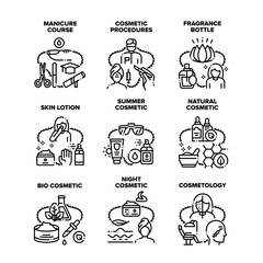 Cosmetic Procedures Set Icons Vector Illustrations. Manicure Course And Cosmetology Occupation In Beauty Salon, Fragrance Bottle And Skin Lotion, Summer Natural And Bio Cosmetic Black Illustration