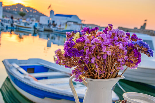 Iconic view from the picturesque seaside village of Naousa on the island of Paros, Cyclades, Greece, during summer period