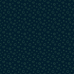 Seamless, hand-drawn nuanced pattern with rings and hearts in green on a dark green background. Textured delicate ornament for textiles, wallpaper, packaging, wrapping paper, wedding decor.