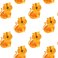 Watercolor pattern orange tiger sitting on a white background. Cute, childish illustration. Symbol 2022.