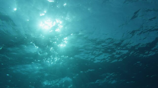 Underwater Godrays. Sun beams from beneath the Ocean surface in 4K. Liight shafts VFX element background. Diving vacation holidays.
