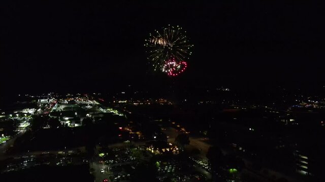 Fireworks Light Up Santa Clarita Night Sky, Fourth of July celebrations, CA, USA, aerial shot