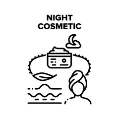 Night Cosmetic Vector Icon Concept. Night Cosmetic For Moisture Skin And Face Or Body Beauty Treatment, Woman Use Cosmetology Product After Washing And Prepare For Night Black Illustration